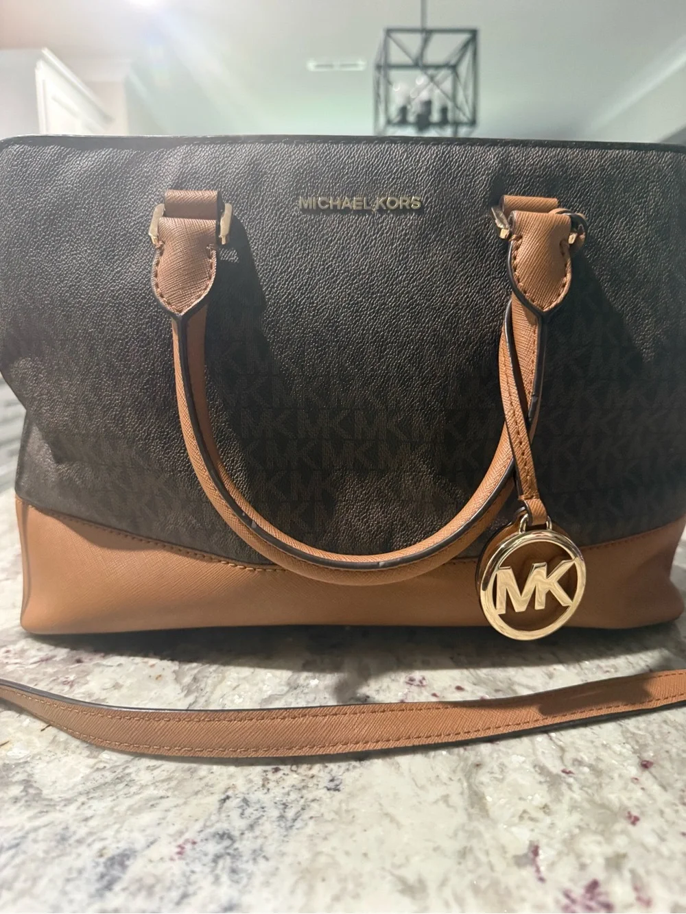 Michael Kors Brown & Tan Logo Satchel with Gold MK Charm